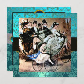 ZWARTE BLAUWE BLAUW BICYCLE WEDDING DAMASKMONOGRAM KAART (Voorkant / Achterkant)