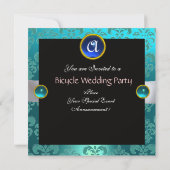 ZWARTE BLAUWE BLAUW BICYCLE WEDDING DAMASKMONOGRAM KAART (Achterkant)