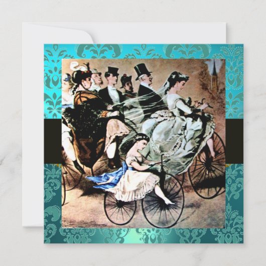 ZWARTE BLAUWE BLAUW BICYCLE WEDDING DAMASKMONOGRAM KAART (Voorkant)