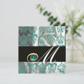 ZWARTE BLAUWE DAMASKMONOGRAM AQUAMARINE KAART (Staand voorkant)