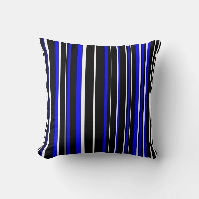 Zwarte, blauwe en witte streepjes barcode kussen (Voorkant)