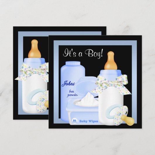 Zwarte Blauwe Fles Fopspeen Baby Boy Douche Kaart (Voorkant / Achterkant)