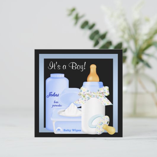 Zwarte Blauwe Fles Fopspeen Baby Boy Douche Kaart (Staand voorkant)
