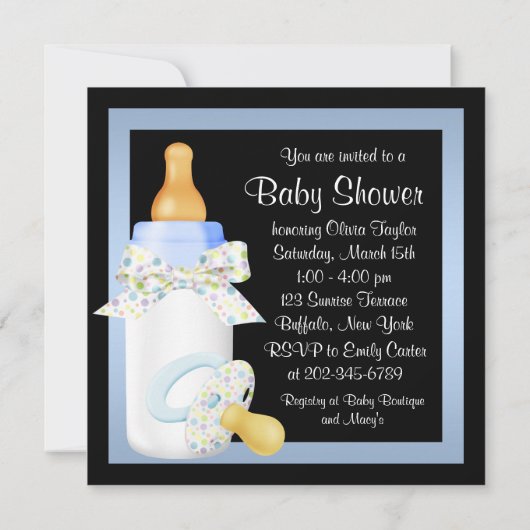 Zwarte Blauwe Fles Fopspeen Baby Boy Douche Kaart (Achterkant)