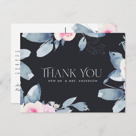 ZWARTE BLAUWE FLORA WATERVERF DANK U BRIEFKAART (Voorkant / Achterkant)