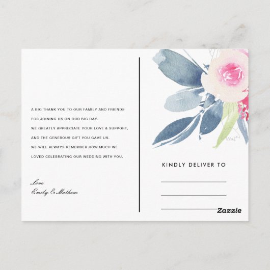 ZWARTE BLAUWE FLORA WATERVERF DANK U BRIEFKAART (Achterkant)