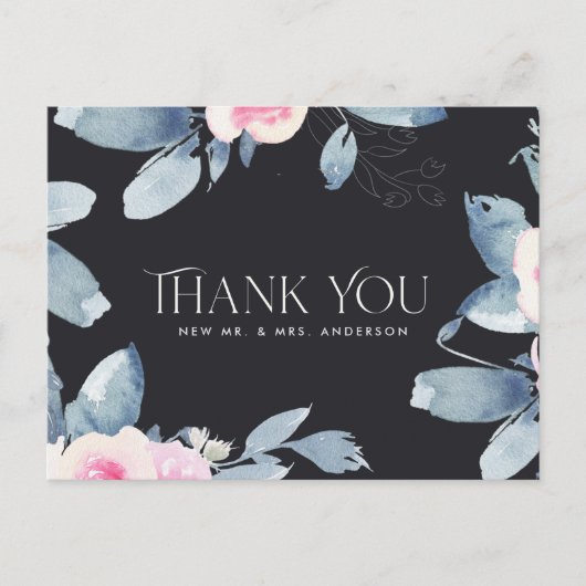 ZWARTE BLAUWE FLORA WATERVERF DANK U BRIEFKAART (Voorkant)