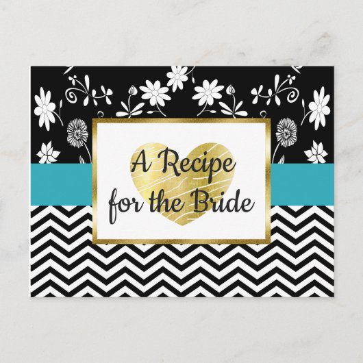 Zwarte, blauwe gouden streep Floral Wedding Recipe Briefkaart (Voorkant)