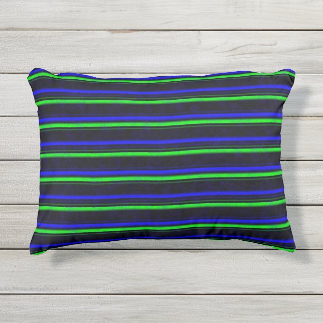 Zwarte Blauwe Groene Stripes Buitenkussen (Voorkant)