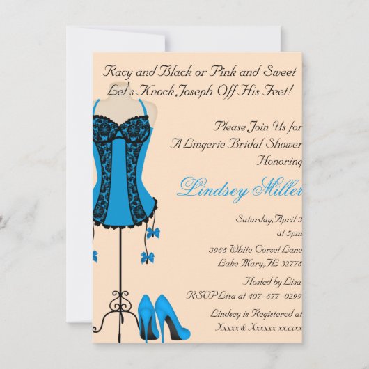 Zwarte & Blauwe Lingerie Bridal Shower Invitation Kaart (Voorkant)