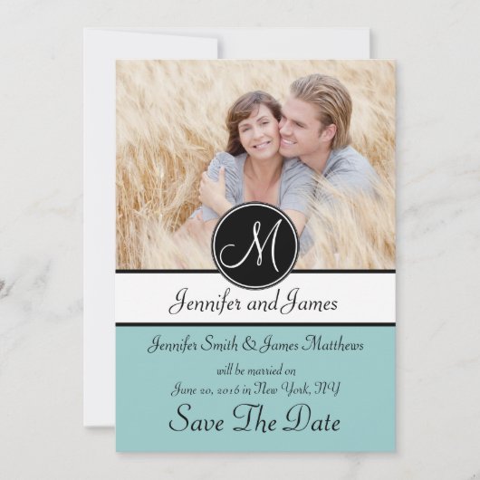 Zwarte Blauwe Monogram Foto Save The Date Kaart (Voorkant)