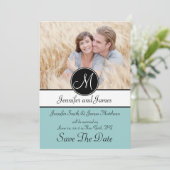 Zwarte Blauwe Monogram Foto Save The Date Kaart (Staand voorkant)