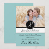 Zwarte Blauwe Monogram Foto Save The Date Kaart (Voorkant / Achterkant)