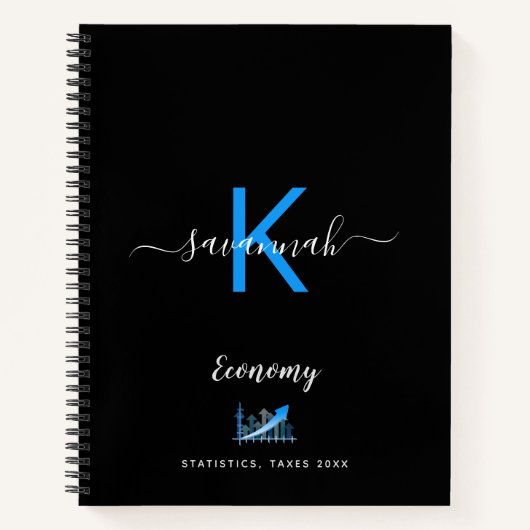 Zwarte blauwe monogram typografie economie kantoor notitieboek (Voorkant)