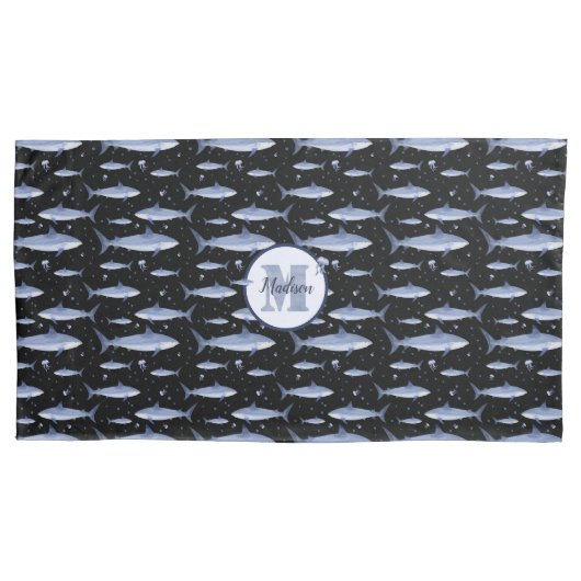 Zwarte & Blauwe Naam + Waterverf Monogram Shark Kussensloop (Voorkant-Links)