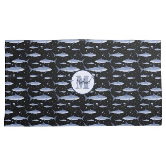 Zwarte & Blauwe Naam + Waterverf Monogram Shark Kussensloop (Voorkant-Rechts)