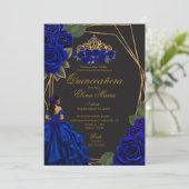 Zwarte Blauwe Rozen Gouden Prinses Quinceañera Kaart (Staand voorkant)