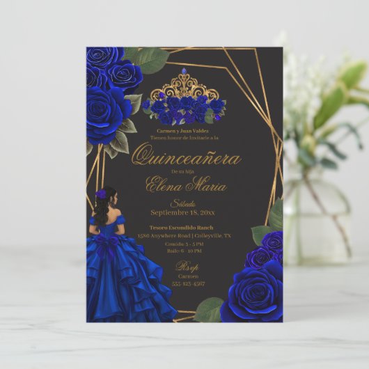 Zwarte Blauwe Rozen Gouden Prinses Quinceañera Kaart (Staand voorkant)