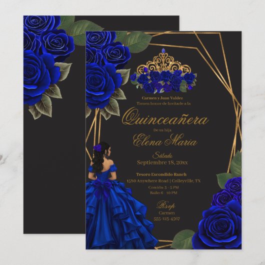 Zwarte Blauwe Rozen Gouden Prinses Quinceañera Kaart (Voorkant / Achterkant)