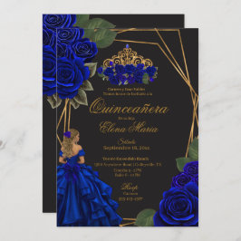 Zwarte Blauwe Rozen Gouden Prinses Quinceañera Kaart