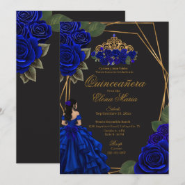 Zwarte Blauwe Rozen Gouden Prinses Quinceañera Kaart
