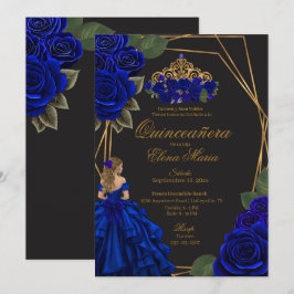 Zwarte Blauwe Rozen Gouden Prinses Quinceañera Kaart