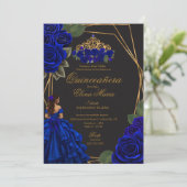 Zwarte Blauwe Rozen Gouden Prinses Quinceañera Kaart (Staand voorkant)