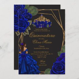 Zwarte Blauwe Rozen Gouden Prinses Quinceañera Kaart