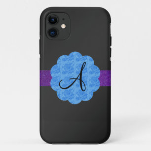 Zwarte blauwe rozen monogram Case-Mate iPhone case