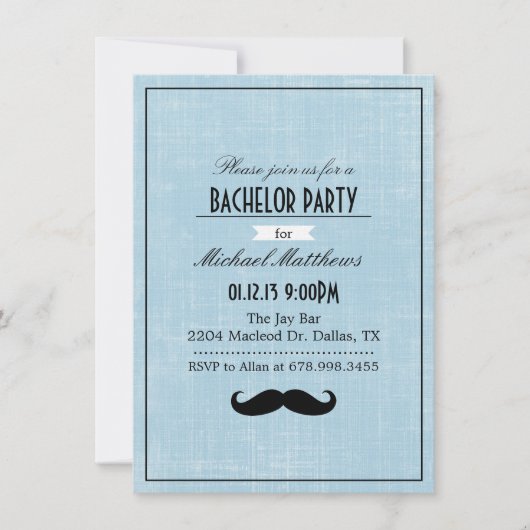 Zwarte & Blauwe Snor Bachelorfeest Uitnodiging (Voorkant)