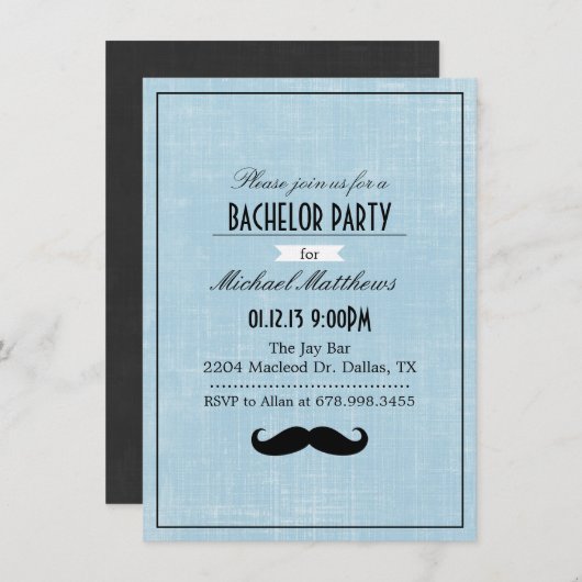 Zwarte & Blauwe Snor Bachelorfeest Uitnodiging (Voorkant / Achterkant)