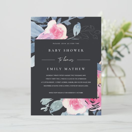 ZWARTE BLAUWE WATERVERF BABY SHOWER KAART (Staand voorkant)