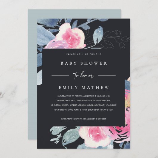 ZWARTE BLAUWE WATERVERF BABY SHOWER KAART (Voorkant / Achterkant)