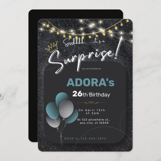 Zwarte blauwe witte verrassingsuitnodiging kaart (Voorkant / Achterkant)