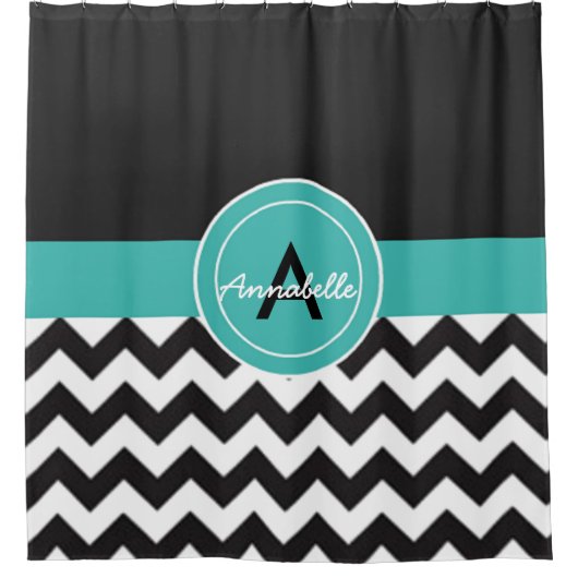 Zwarte Blauwgroen Chevron Douchegordijn (Voorkant)