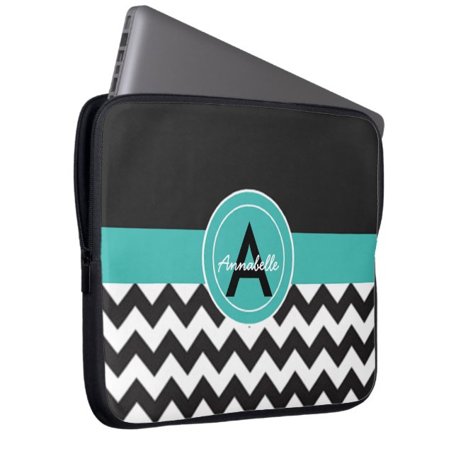 Zwarte Blauwgroen Chevron Laptop Sleeve (Voorkant Rechts)