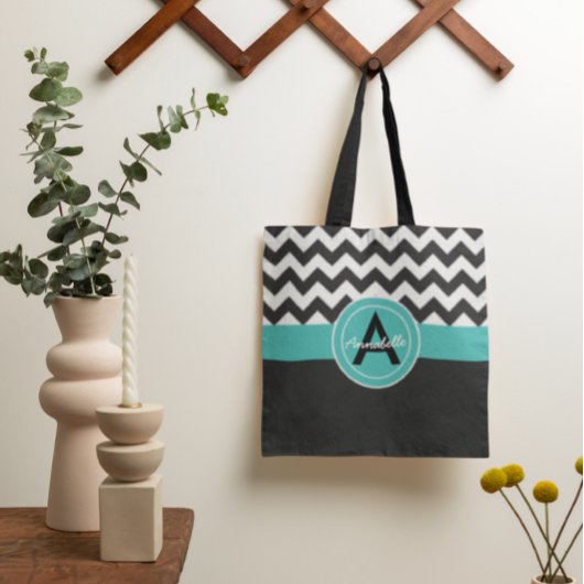 Zwarte Blauwgroen Chevron Tote Bag