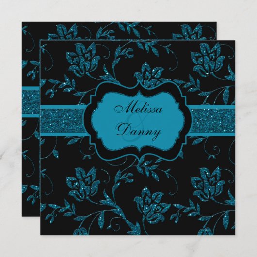 Zwarte Blauwgroen FAUX Glitter Floral Engagement P Kaart (Voorkant / Achterkant)