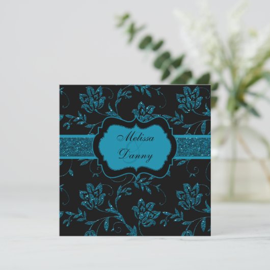 Zwarte Blauwgroen FAUX Glitter Floral Engagement P Kaart (Staand voorkant)