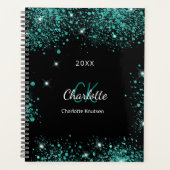 Zwarte blauwgroen glitter groene monogram initiale planner (Voorkant)