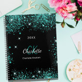 Zwarte blauwgroen glitter groene monogram initiale planner