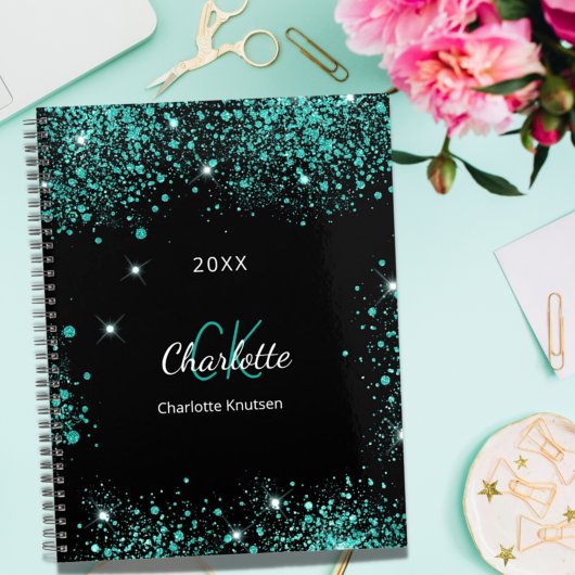 Zwarte blauwgroen glitter groene monogram initiale planner