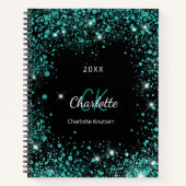 Zwarte blauwgroen glitterstof groene monogram init notitieboek (Voorkant)