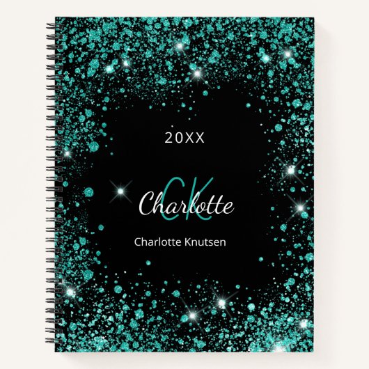 Zwarte blauwgroen glitterstof groene monogram init notitieboek (Voorkant)