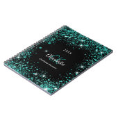 Zwarte blauwgroen glitterstof groene monogram init notitieboek (Linkerzijde)
