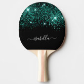 Zwarte blauwgroen groene glittermonogram tafeltennisbatje (Voorkant)