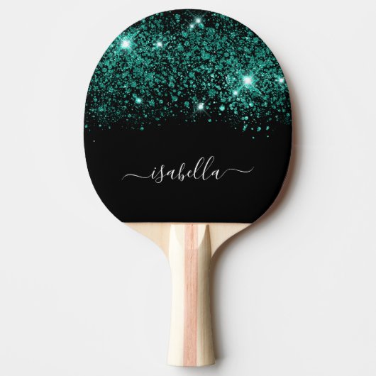 Zwarte blauwgroen groene glittermonogram tafeltennisbatje (Voorkant)