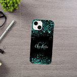 Zwarte blauwgroen groene glitternaam Case-Mate iPhone 14 hoesje<br><div class="desc">Een stijlvolle zwarte achtergrond. Gedemoreerd met blauwgroen,  groen faux glitter stof. Pas uw voornaam,  monogram initialen en volledige naam aan en voeg deze toe. De naam wordt geschreven met een handgeschreven stijlmanuscript met letters.</div>