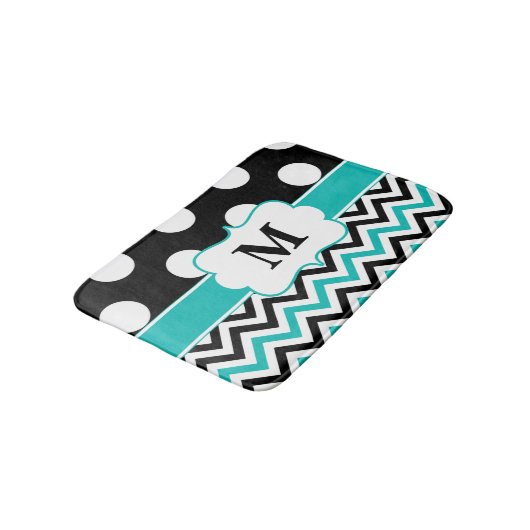 Zwarte Blauwgroen Stippen Chevron Monogram Bathmat Badmat (Gekanteld)