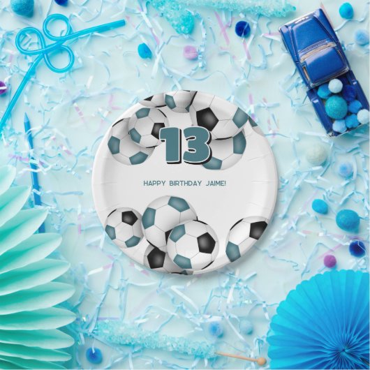 Zwarte blauwgroen voetballen kinder sport verjaard papieren bordje (Feest)